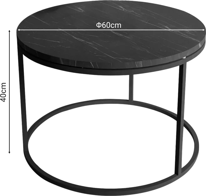 Tavolinë kafeje Drion, melaminë mermeri e zezë, metal i zi, D60x40cm