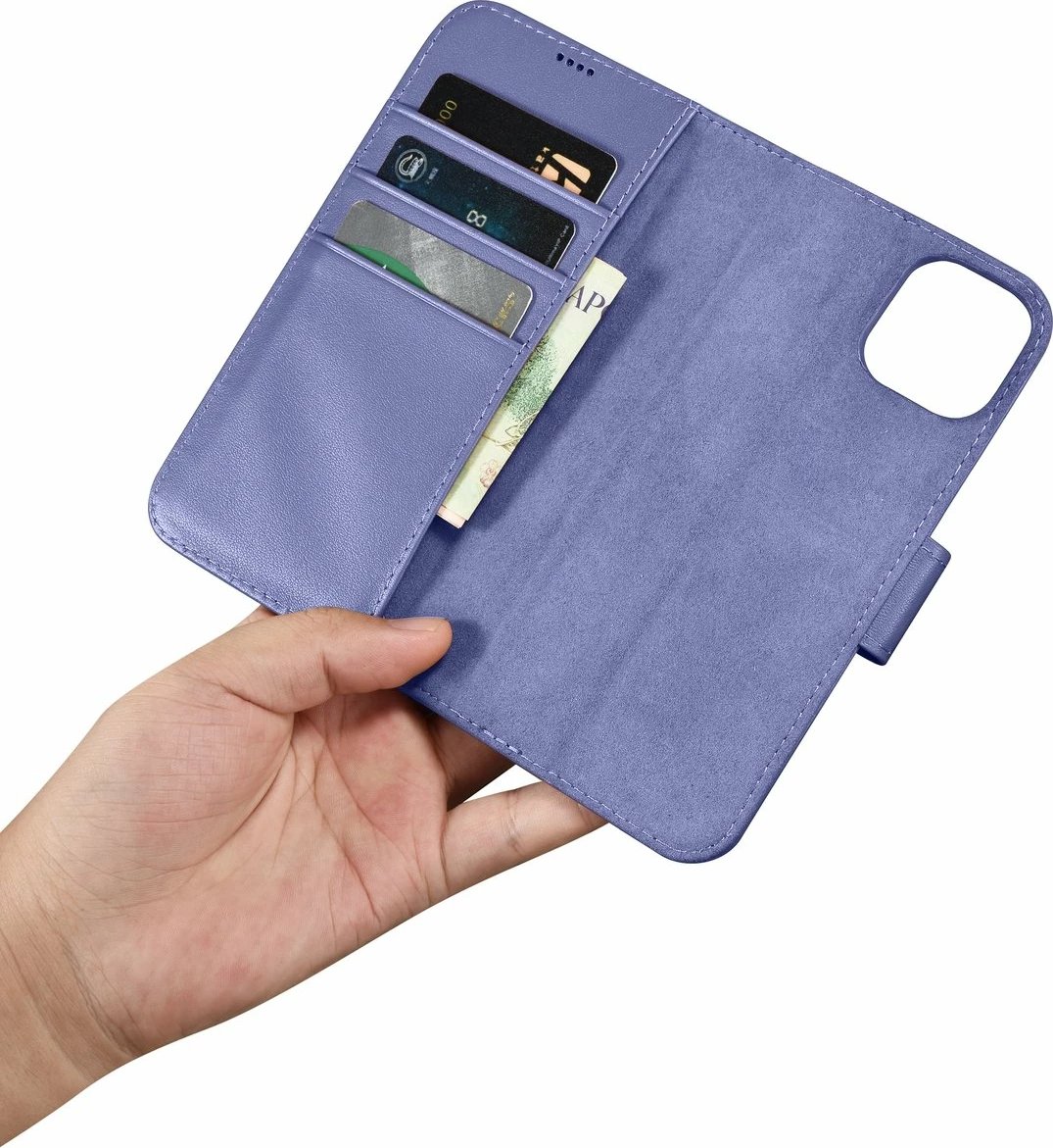 Mbështjellës iCarer Wallet Case 2in1 për iPhone 14, lëkurë natyrale, Anti-RFID, Vjollcë e çelët