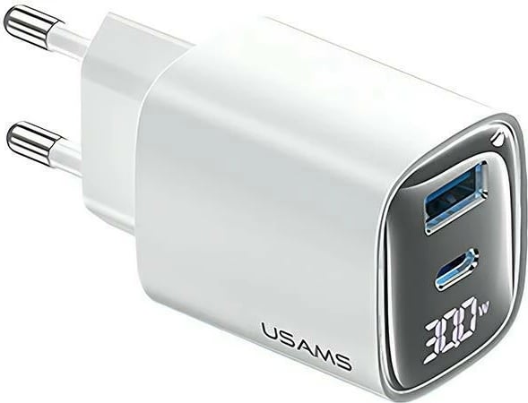 Karikues rrjeti USAMS CC229, 30W, GaN, 1x USB, 1x USB-C, me ekran digjital, Bardhë