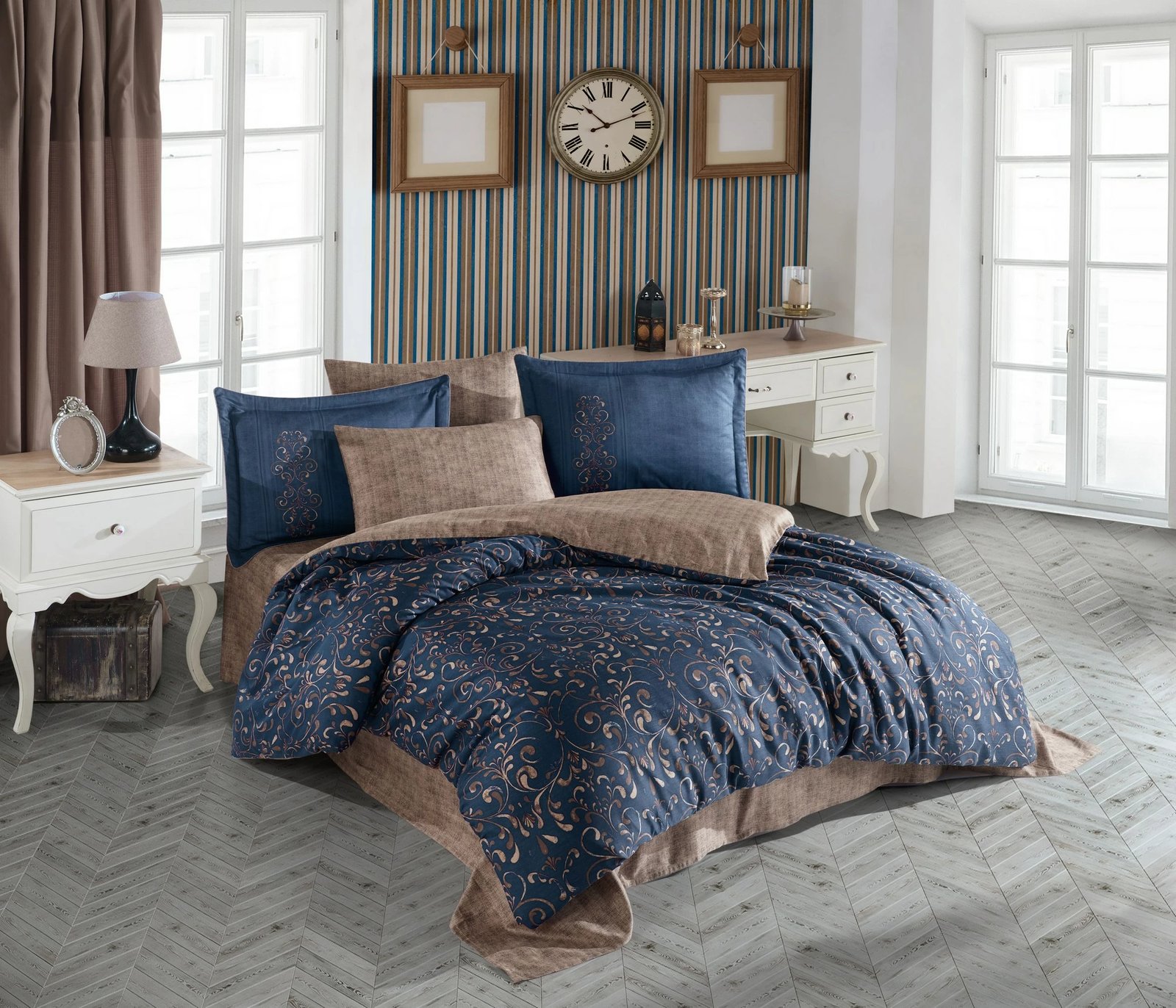 Set mbulesash për jorgan dopio, saten, ngjyrë ari dhe kaltër e errët, L'essentiel, Gris v2