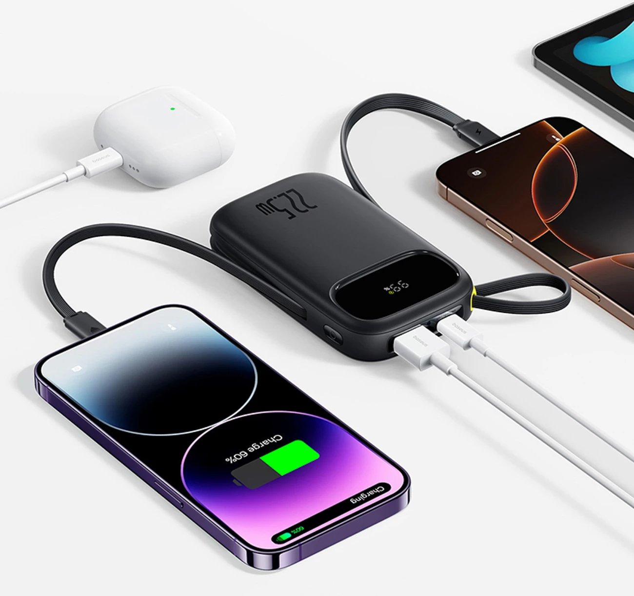 Powerbank Baseus EnerFill FC31, 10000mAh, 22.5W, me ekran digjital, 2 kabllo të integruara (USB-C + Lightning), e zezë