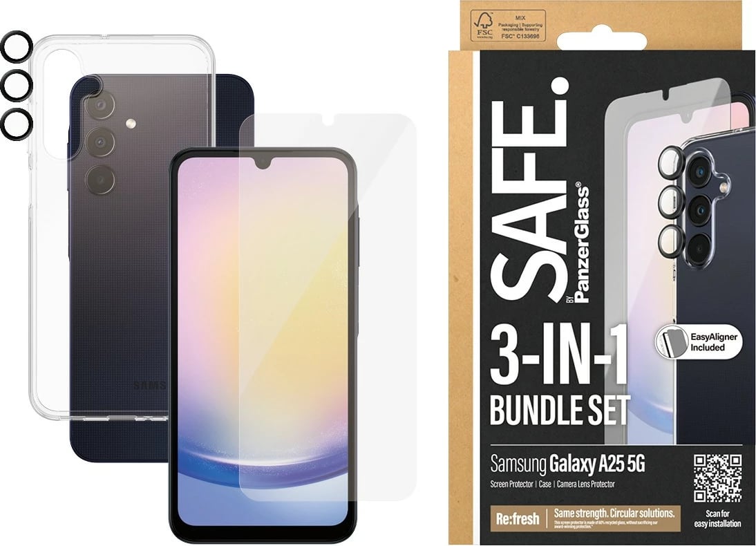 Mbështjellës PanzerGlass SAFE. 3-in-1 Pack për Samsung A25 5G, transparent