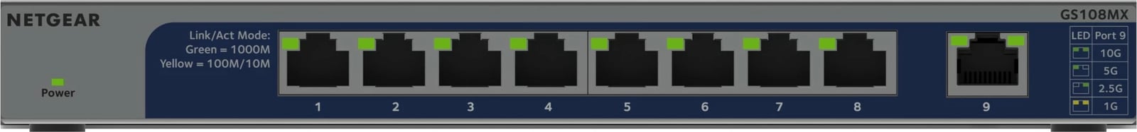 Switch NETGEAR GS108MX, 8 porte Gigabit, 1 portë 10G, kasë metalike