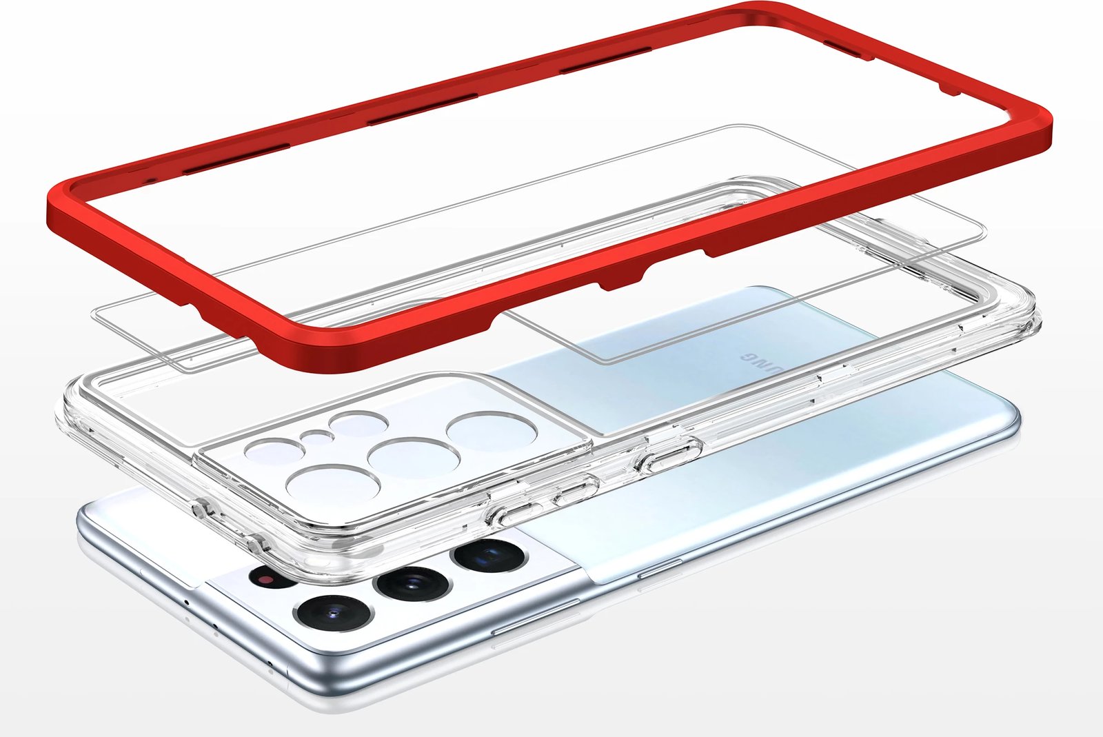 Mbështjellës Hurtel Hybrid Armor Clear 3in1 për Samsung Galaxy S21 Ultra, Transparent/Kuqe