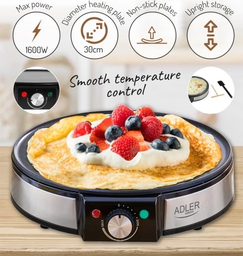 Makinë për krepë, Adler AD 3058, pjatë 30 cm, kontroll temperature, veshje jo-ngjitëse, 1200-1600W, inoks, me aksesorë