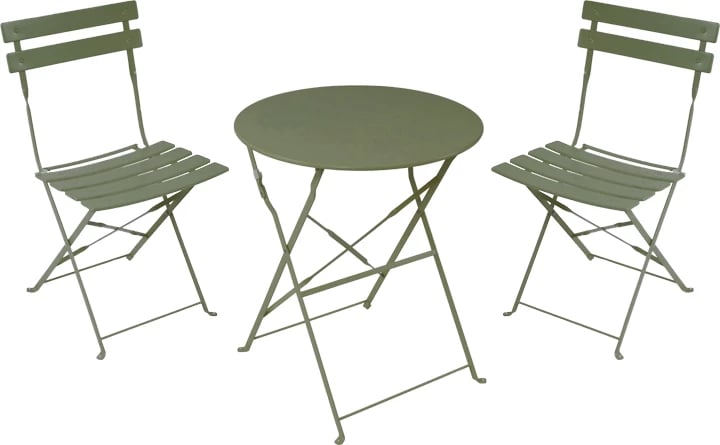 Tavolinë me karrige për terasë, metalike, palosëse, ngjyrë ulliri, set 3 copë, Φ60x71cm