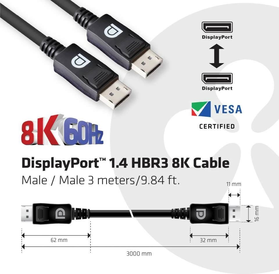 Kabllo DisplayPort Club3D 1.4, 3m, 32.4Gb/s, e zezë