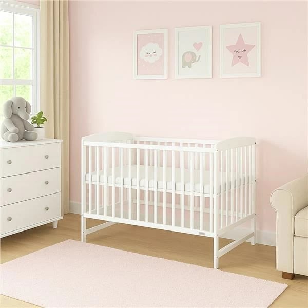 Krevat bebe, New Baby, LILLY, 120x60 cm, 3 nivele të bazës, dru pishe, i bardhë