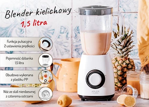 Blender, Adler, AD 4085, 1.5L gotë plastike BPA-free, 1000W, 2 shpejtësi + puls Blender, Adler, AD 4085, 1.5L gotë plastike BPA-free, 1000W, 2 shpejtësi + puls