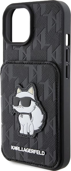 Mbështjellës Karl Lagerfeld Saffiano Cardslots & Stand Monogram Choupette për iPhone 15, i zi