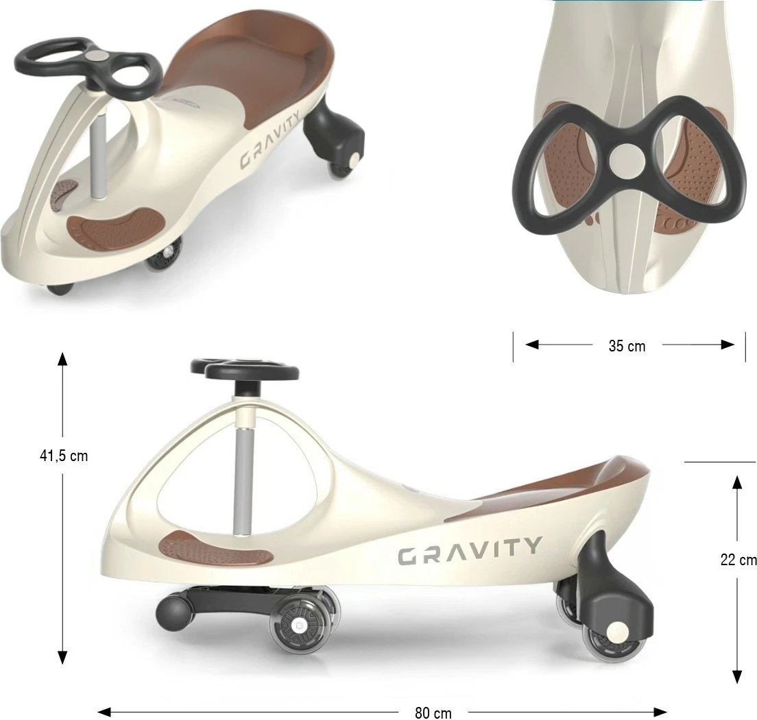 makinë ride-on gravitet, Milly Mally, Gravity, 4 rrota LED, pa pedale e pa bateri, ngarkesë maks. 50 kg, 3+, Beige-Brown