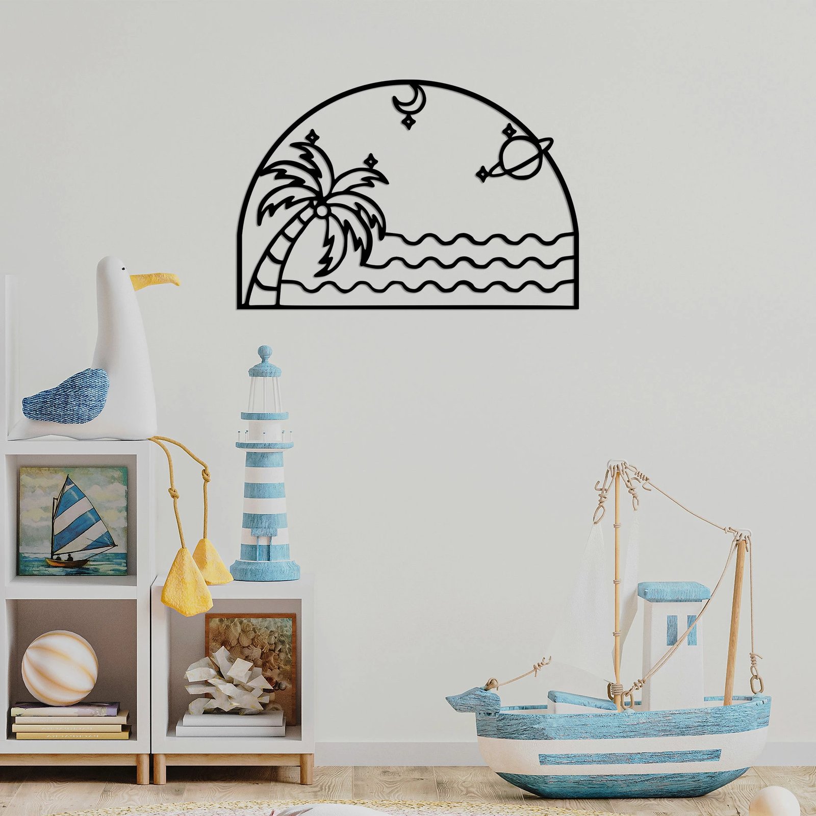 Aksesor dekorativ metalik për mur, Palm Sea Moon, 70x47cm