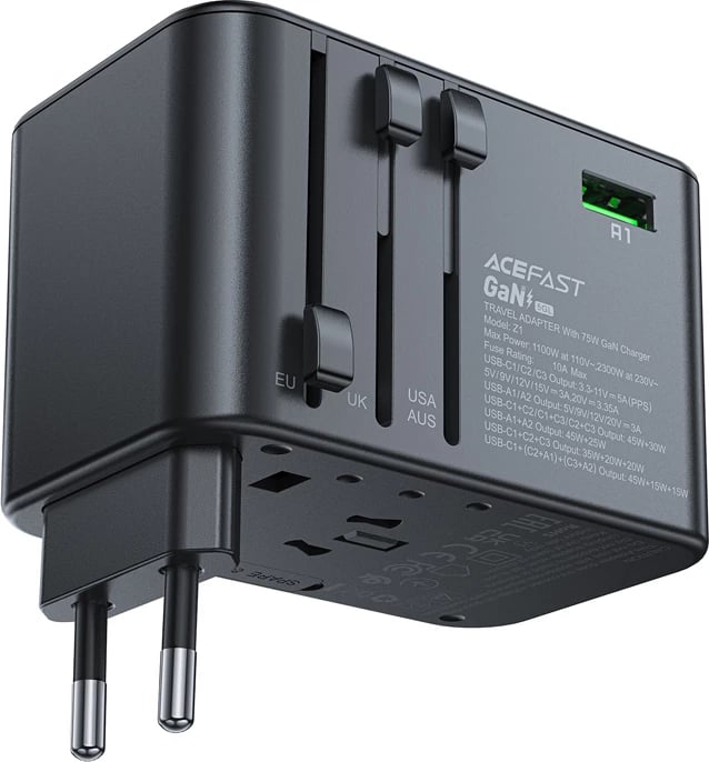 Karikues udhëtimi Acefast Z1 GaN, 75W, 3x USB-C, 2x USB-A, i zi