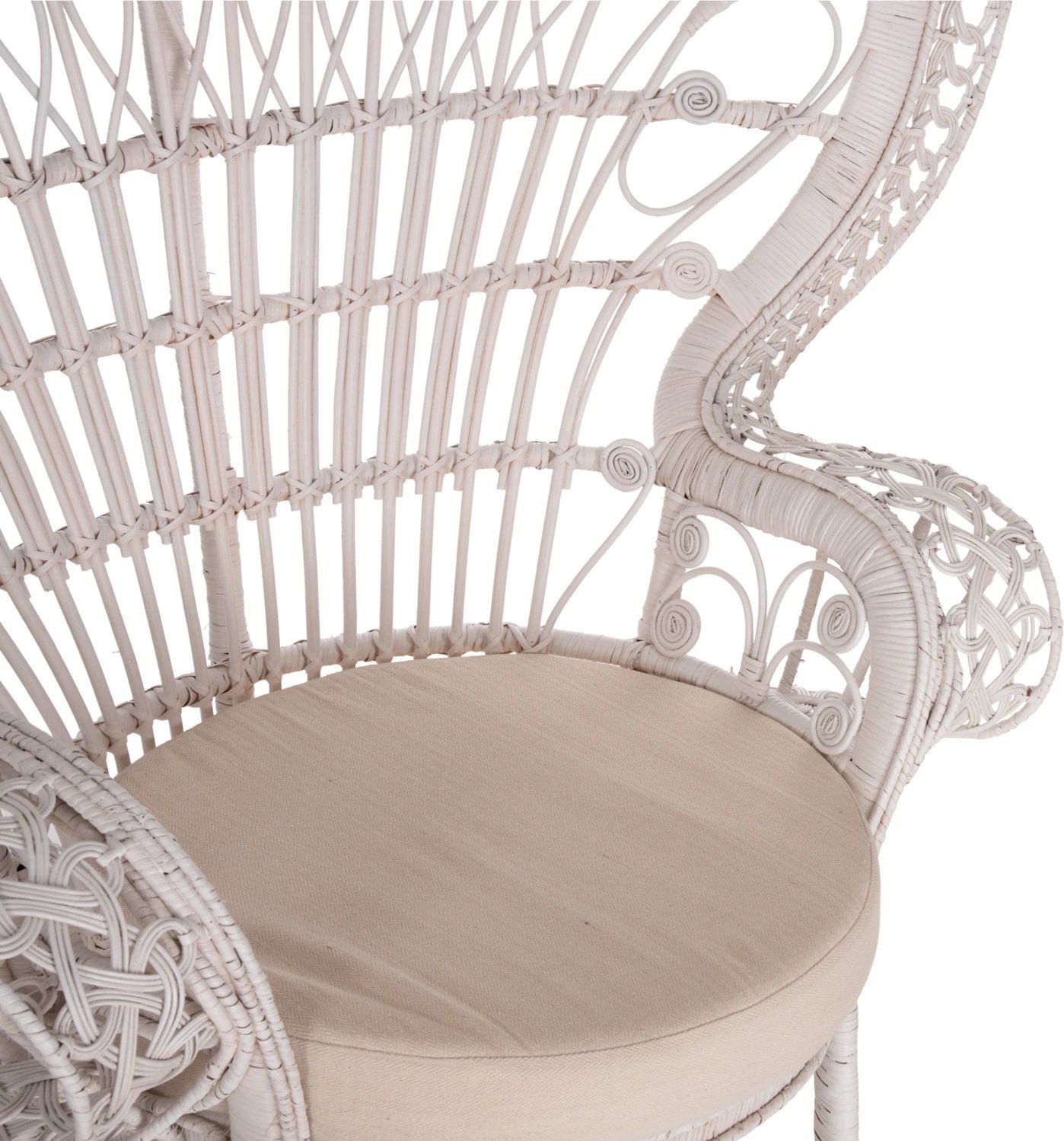 Fotelja ROYAL PEACOCK FH9342.02, ratan, ngjyrë e bardhë, jastëk i bardhë, 114x72x150Hcm