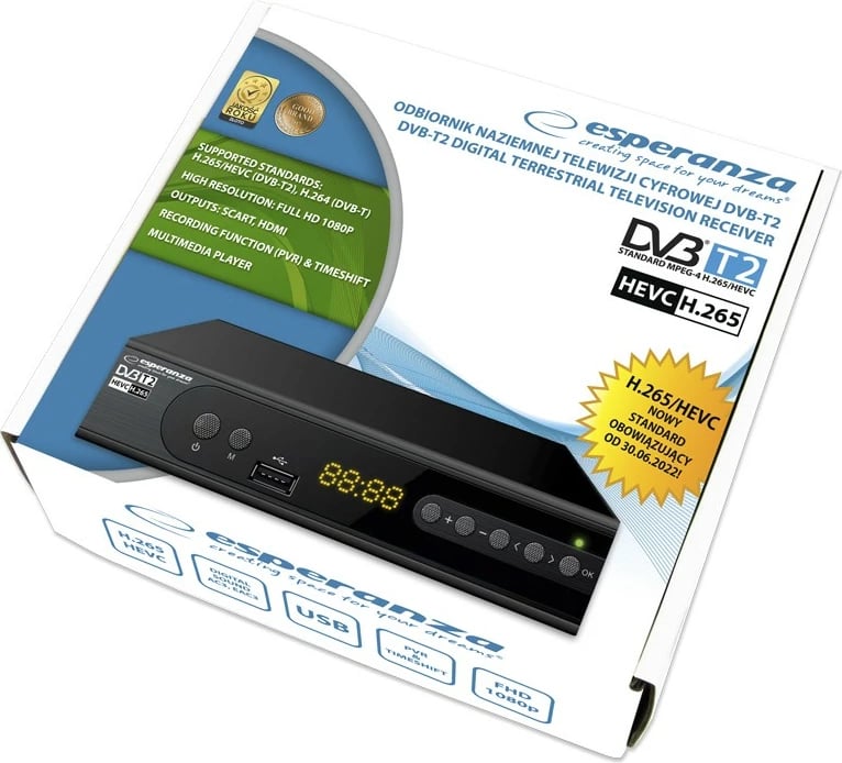 Tuner Esperanza EV106R DVB-T/T2 H.265/HEVC, i zi