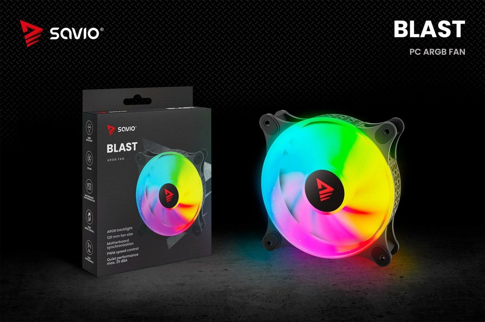 Ventilator kompjuteri Savio BLAST 120mm ARGB, 3-pin 5V, 4-pin 12V, i zi Ventilator kompjuteri Savio BLAST 120mm ARGB, 3-pin 5V, 4-pin 12V, i zi