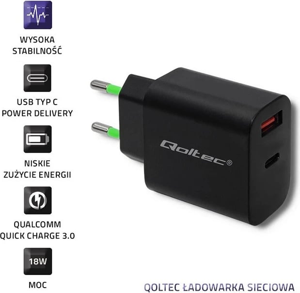 Karikues Qoltec 18W, USB typ C PD, USB QC 3.0, i zi