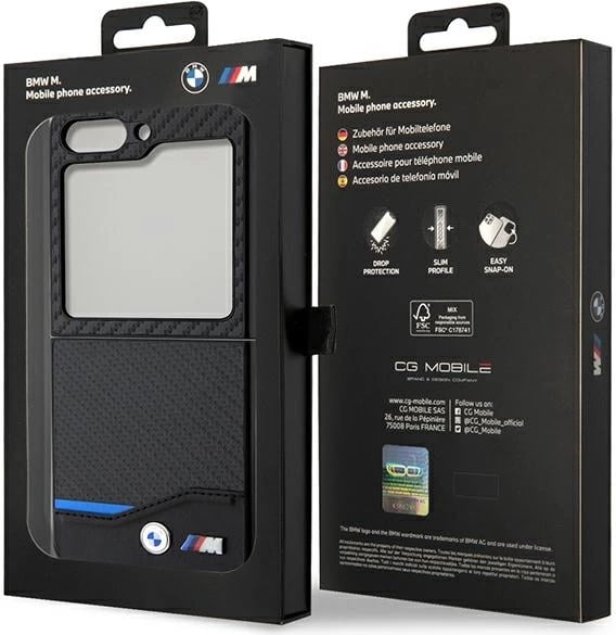 Mbështjellës BMW Leather Carbon për Samsung Galaxy Z Flip 5, i zi