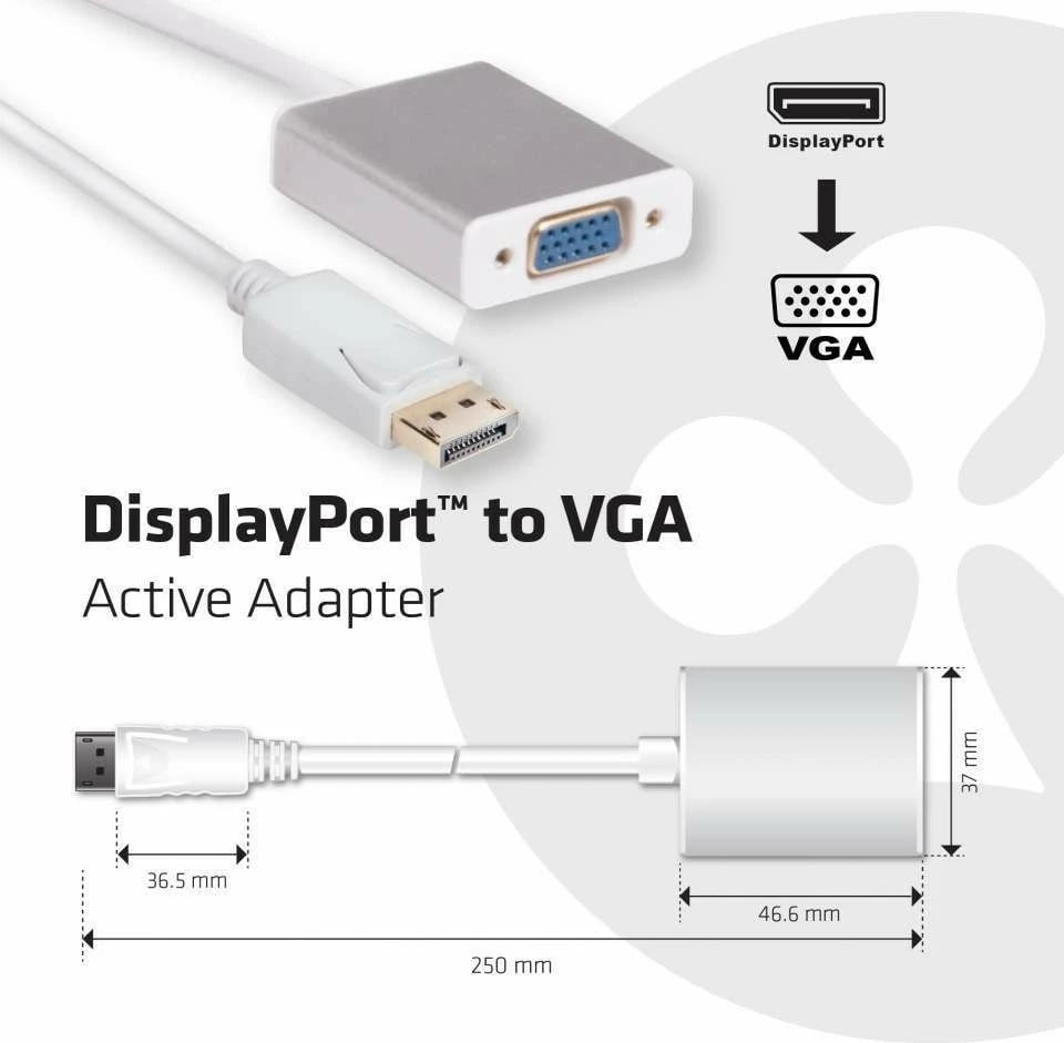 Adapter DisplayPort në VGA Club3D, aktiv, Plug and Play, i bardhë