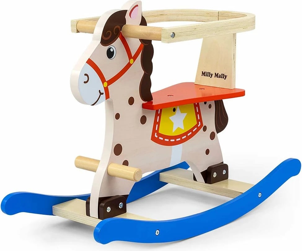 kalë luhatëse druri, Milly Mally Lucky 12, me mbështetëse shpine dhe barriera të heqshme, për fëmijë 12–36 muaj, ngjyrë blu-kuqe