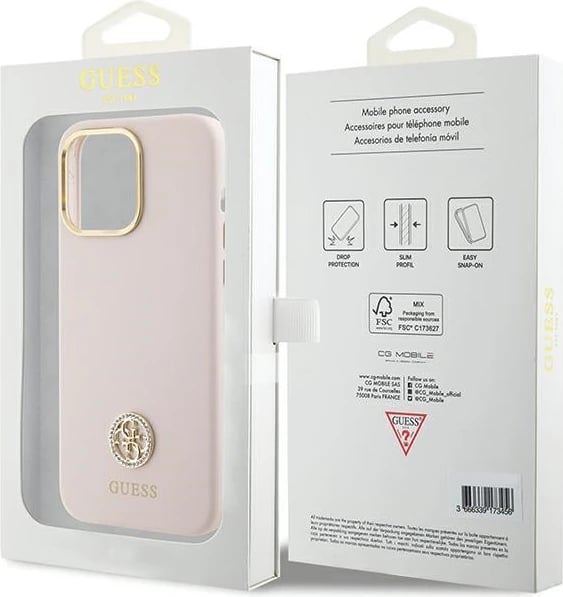 Mbështjellës Guess Silicone Logo Strass 4G për iPhone 15 Pro Max, Rozë