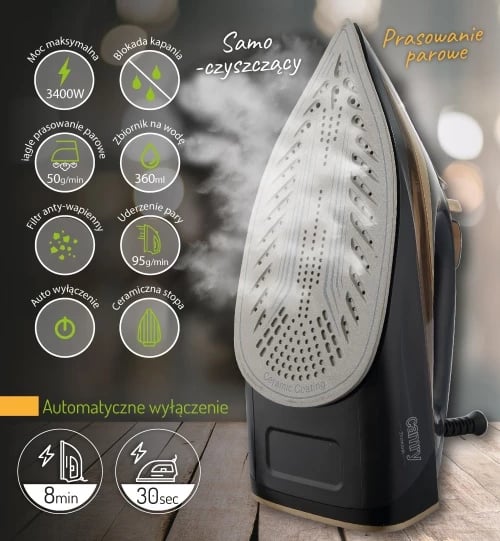 hekur me avull, Camry CR 5036, 3400W, shollë qeramike, depozitë 360ml, zi-ari