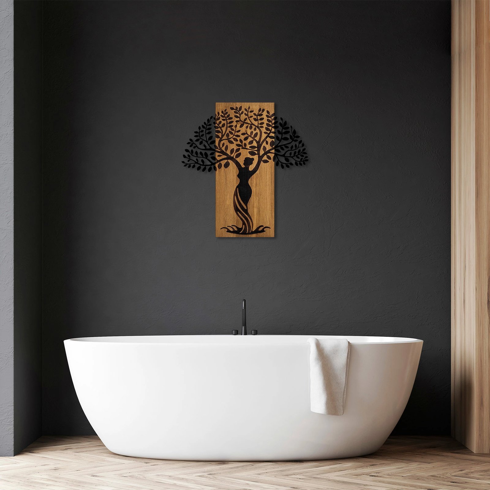 Aksesor dekorativ muri prej druri, Wallity, Woman Tree 3, ngjyrë arre, e zezë, 54x58cm