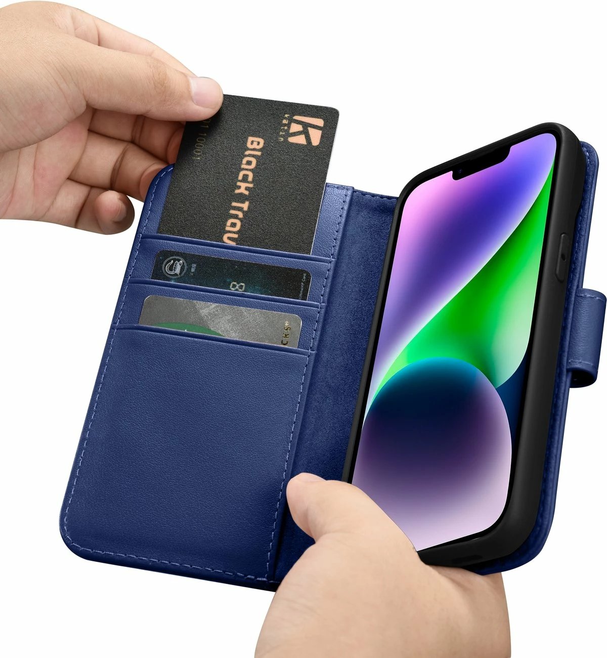Mbështjellës iCarer Wallet Case 2in1 për iPhone 14, lëkurë natyrale, Anti-RFID, Blu