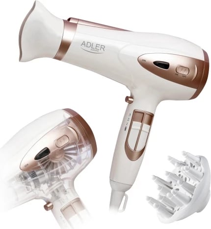 tharëse flokësh, Adler, AD 2248, 2200W, ION, 2 shpejtësi, 3 temperatura, Cool Shot, kabllo 1.8m, me difuzer dhe koncentrator, e bardhë