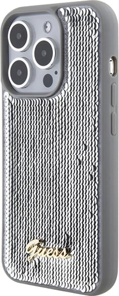 Mbështjellës Guess Sequin Script Metal për iPhone 15 Pro, argjendtë Mbështjellës Guess Sequin Script Metal për iPhone 15 Pro, argjendtë