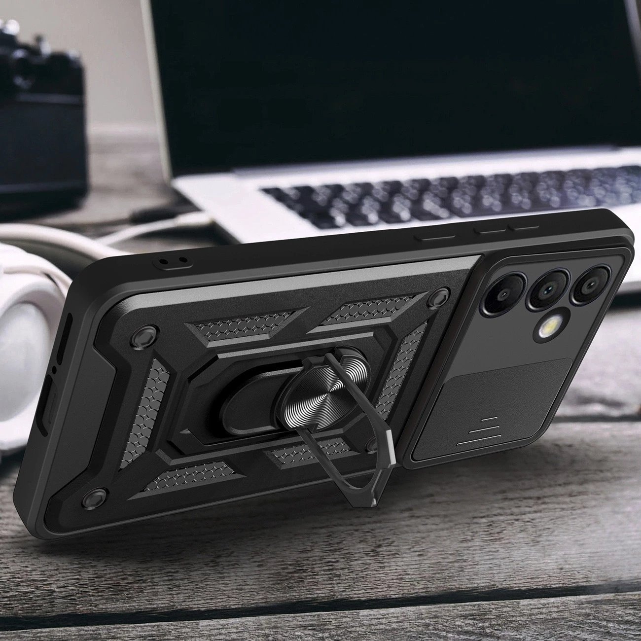Mbështjellës Hurtel Hybrid Armor Camshield për Samsung Galaxy A56, me kapak kamere dhe mbajtëse, zi
