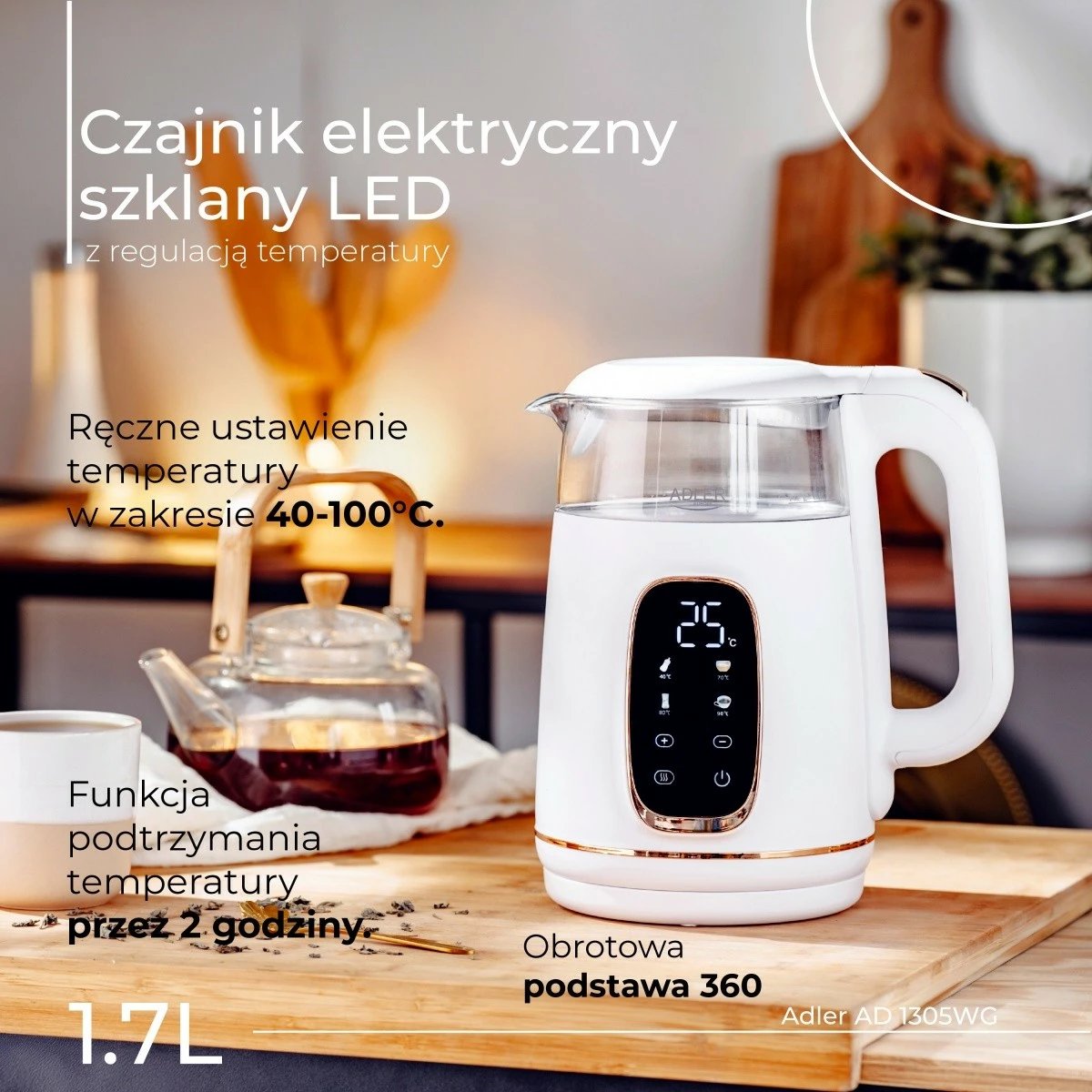 Ibrik elektrik Adler AD 1305WG, 1.7L, me ekran LED, rregullim temperature, Bardhë