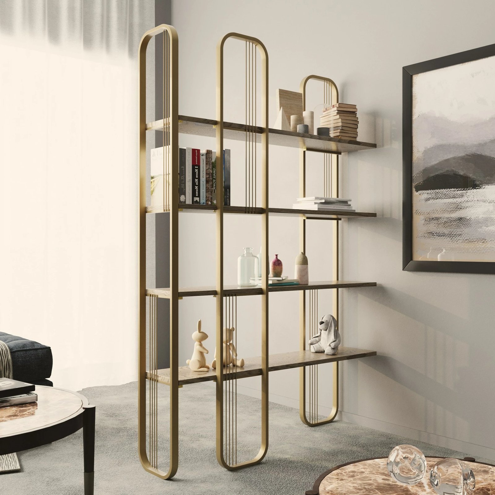 Raft librash Hanah Home, ngjyrë e verdhë, stil barok glam, 124x182x26cm