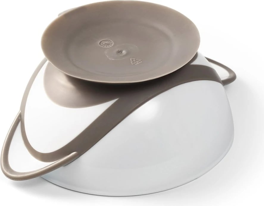 tas për bebe me bazë thithëse, Baby Ono, 300 ml, kapak me ndarje për lugë, i përshtatshëm për mikrovalë dhe enëlarëse, pa BPA, e bardhë-gri, me lugë