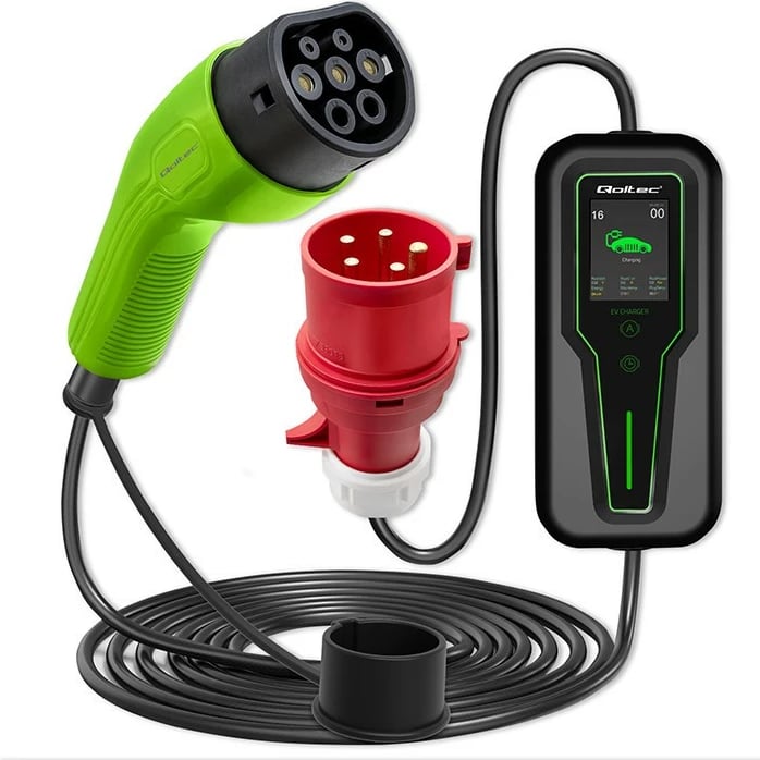 Karikues portativ për makina elektrike Qoltec 52466, 7kW, Type 2, LCD, 5m, i zi/gjelbër