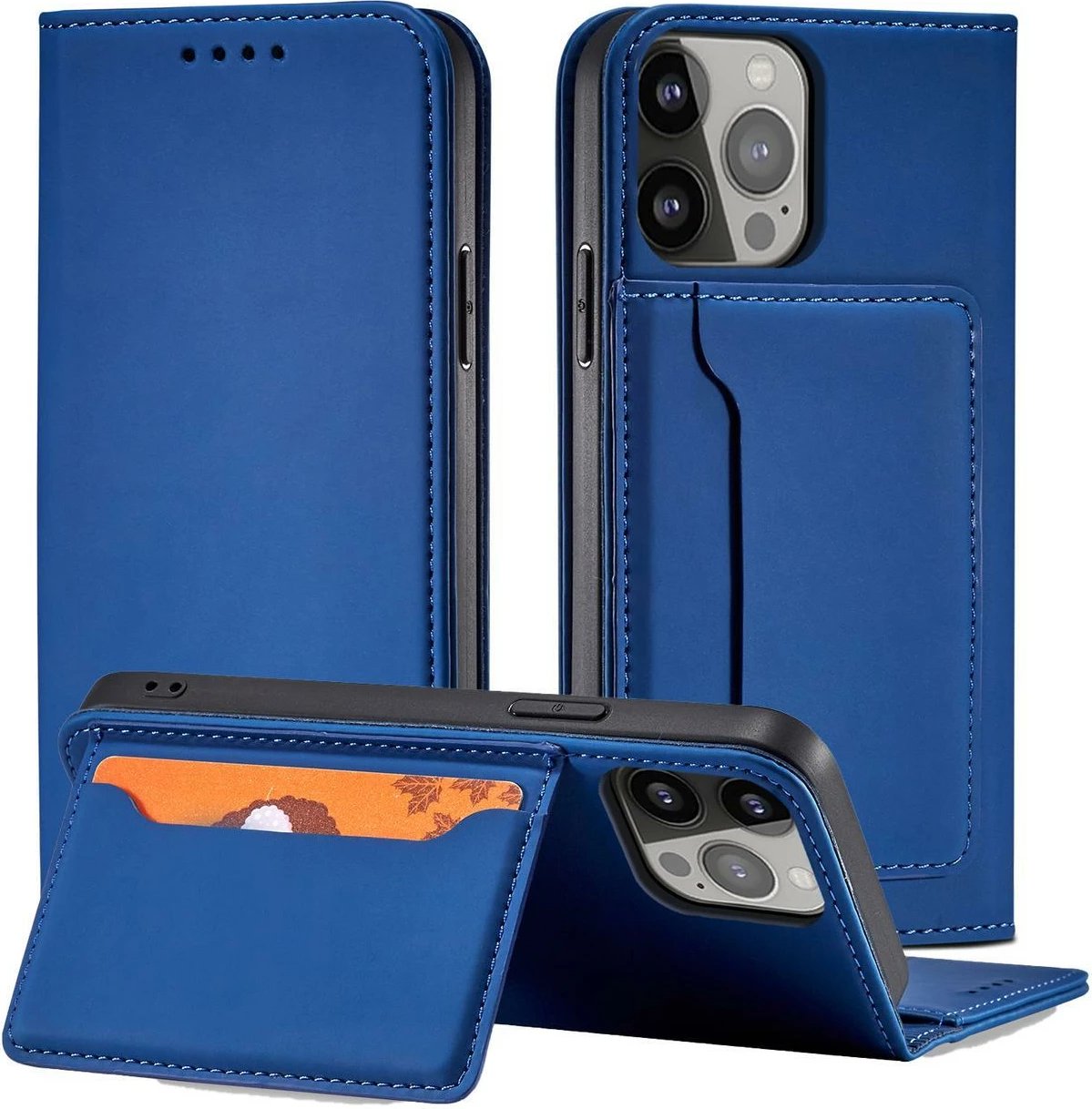 Mbështjellës Hurtel Magnet Card Case për iPhone 14, me kapak, xhep kartelash dhe mbajtëse, kaltër