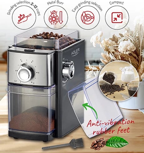 bluarëse kafe me rrota metalike, Adler AD 4448, hinkë 250g, depozitë 100g, rregullim i imtësisë dhe 2–12 porcione, 150W (300W max), e zezë/inox bluarëse kafe me rrota metalike, Adler AD 4448, hinkë 250g, depozitë 100g, rregullim i imtësisë dhe 2–12 porcione, 150W (300W max), e zezë/inox