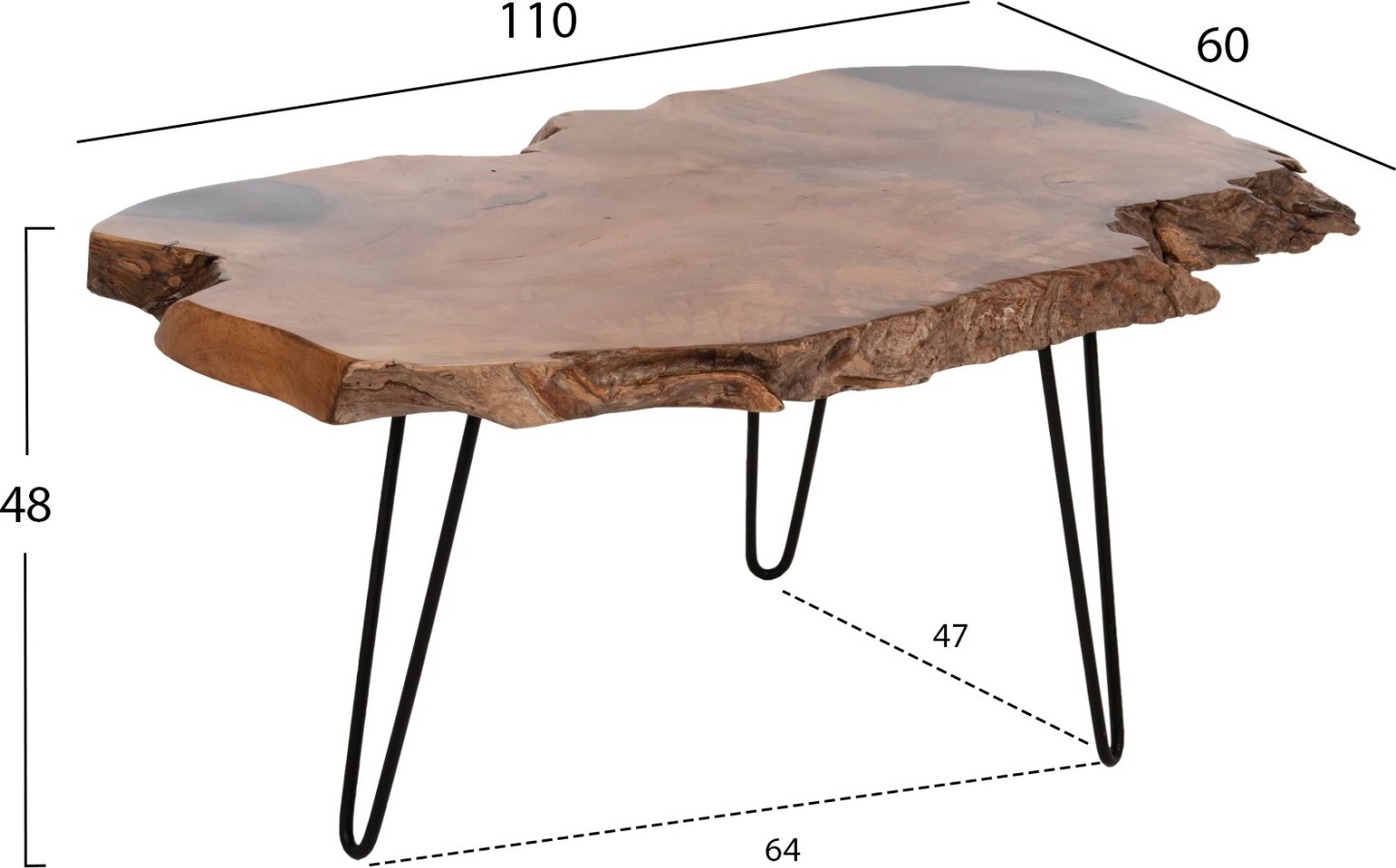 Tavolinë kafeje GLAZE FH9750 dru TEAK natyral-këmbë metali të zeza 110x60x48Hcm