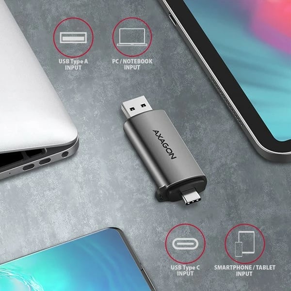 Lexues kartelash AXAGON CRE-SAC, USB 3.2 Gen 1, Type-C + Type-A, Gri