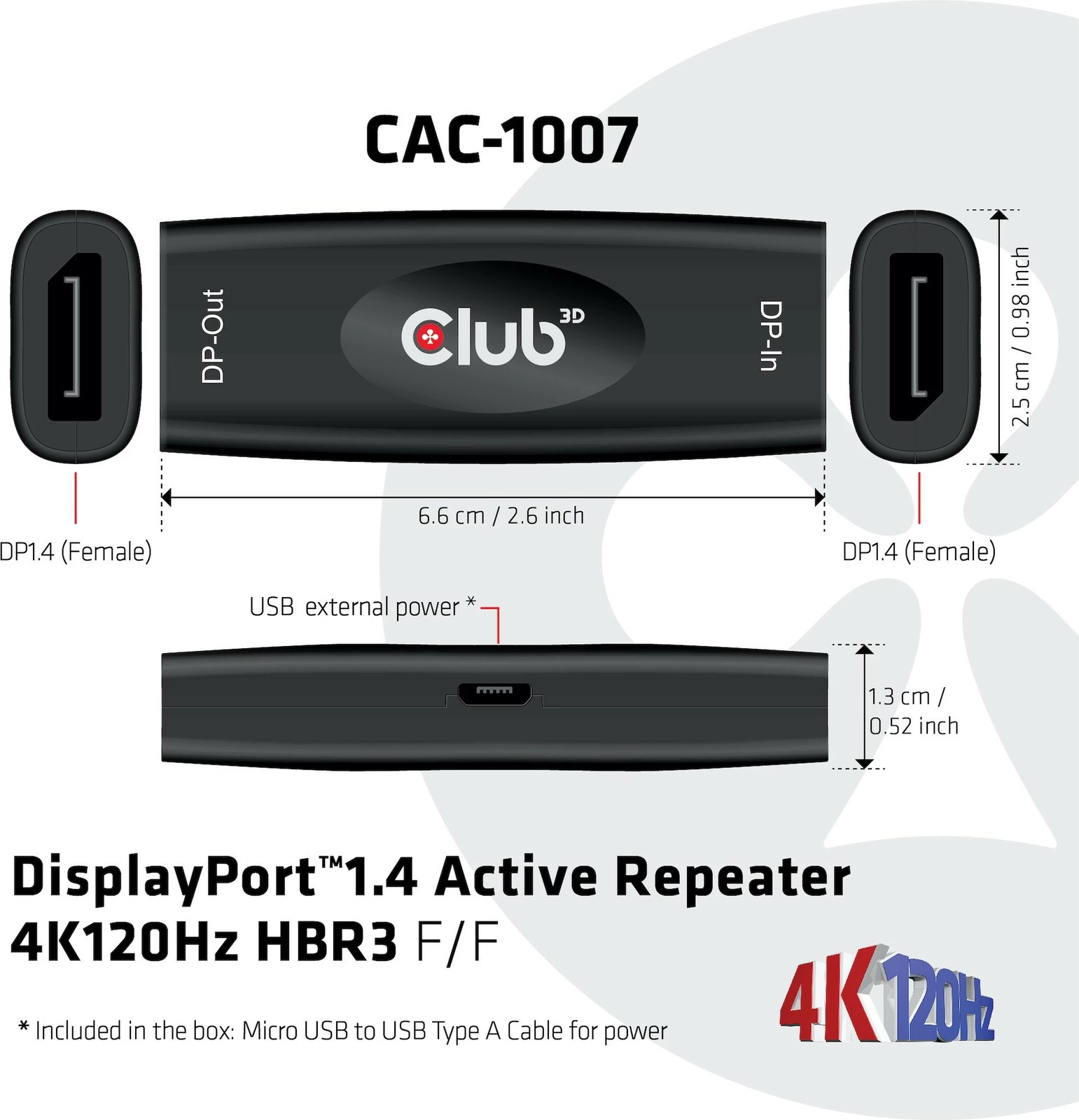 Përsëritës DisplayPort Club3D 1.4, aktiv, Bu/Bu, i zi
