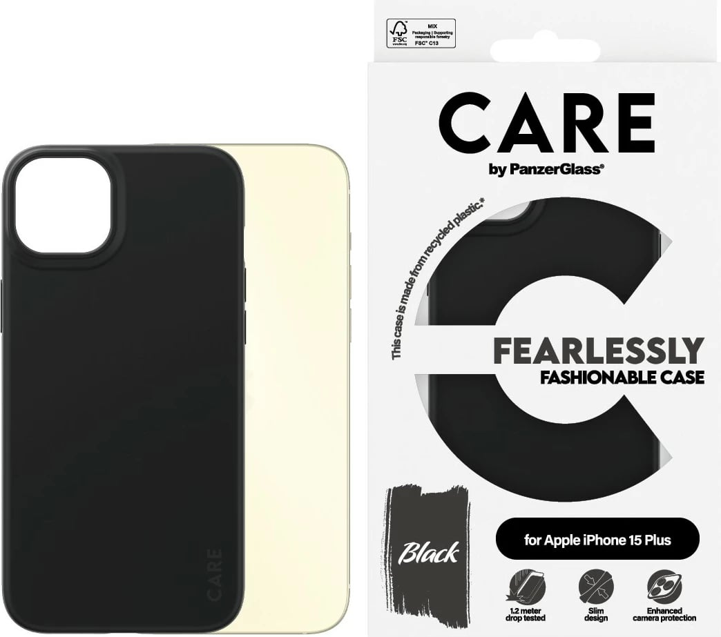 Mbështjellës PanzerGlass CARE Case Fashion për iPhone 15 Plus, e zezë