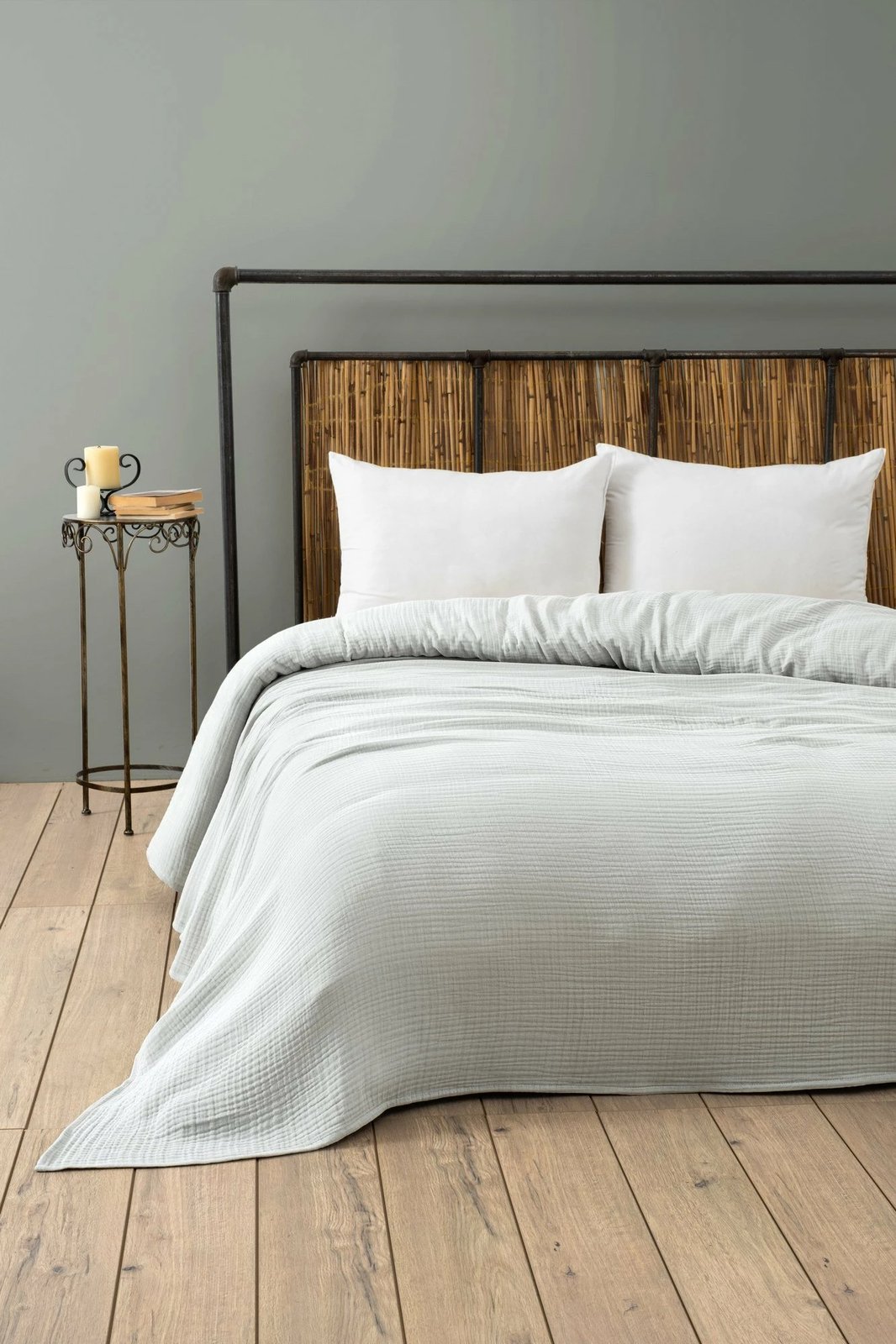 Përparëse dopio për shtrat, muslin, ngjyrë gri, 220x250cm