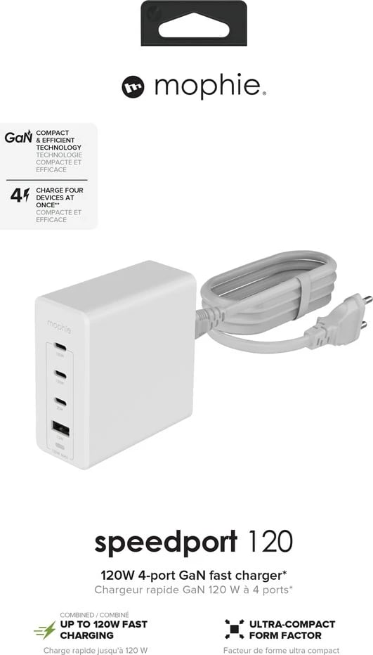 Adapter muri mophie USB-C PD HUB 120W GaN, 3x USB-C + 1x USB-A, Bardhë, EU