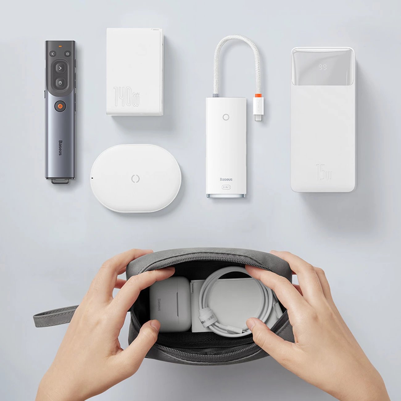 Çantë e vogël udhëtimi Baseus EasyJourney, mbështjellës për telefon, kufje dhe sende të vogla, gri