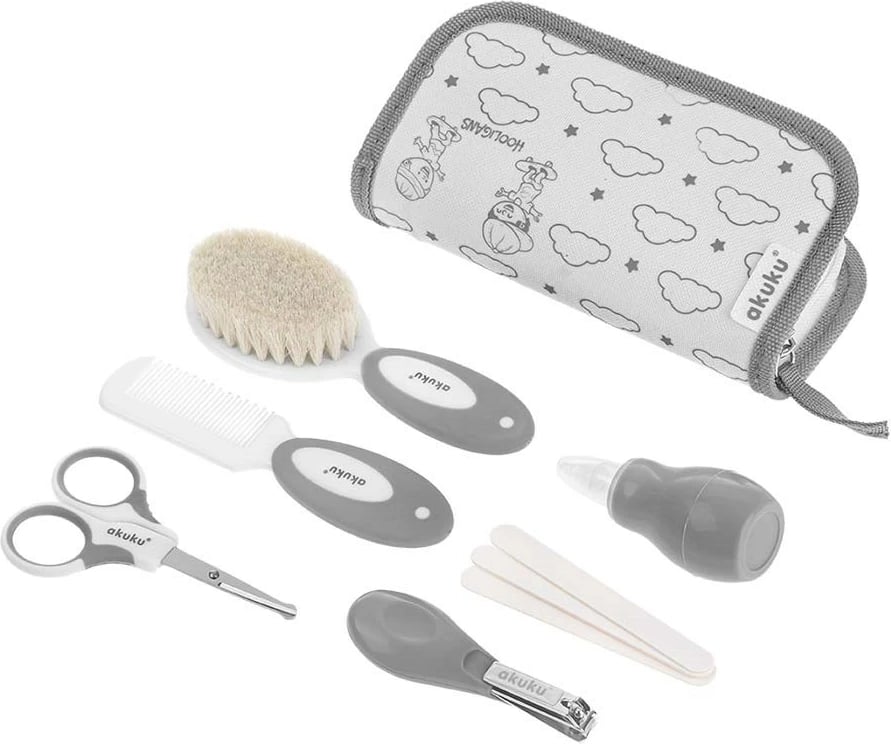 Set kujdesi për bebe, Akuku, Hooligans, me gërshërë, prerëse thonjsh, limë, furçë natyrale dhe krehër + aspirator hunde, gri, set