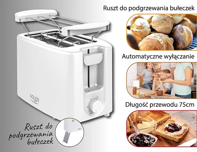 Toster Adler AD 3223, 2 feta, 650–900W, 6 nivele pjekjeje, sirtar thërrimesh, rack për kifle, e bardhë Toster Adler AD 3223, 2 feta, 650–900W, 6 nivele pjekjeje, sirtar thërrimesh, rack për kifle, e bardhë