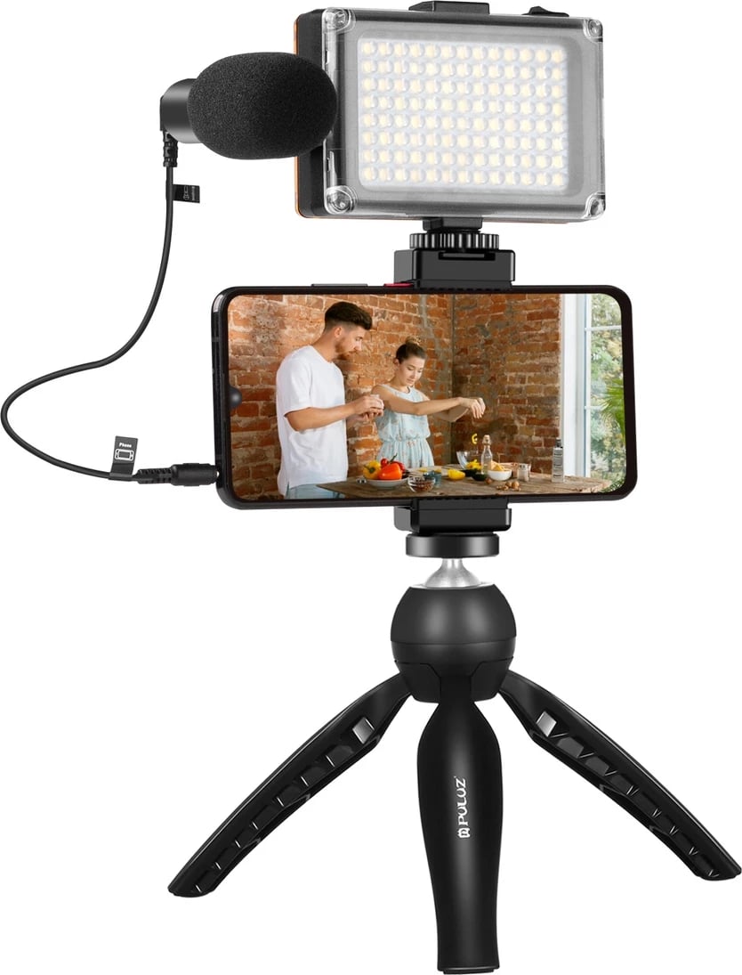 Set incizimi Puluz PKT3132B me tripod, mikrofon, dritë LED dhe mbajtëse telefoni