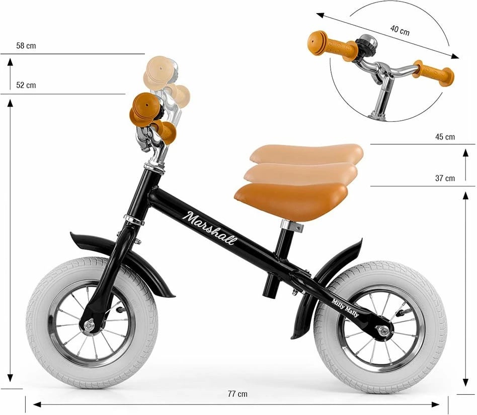 Biçikletë pa pedale, Milly Mally, Marshall Air, rrota 10" të frymëshme, kornizë çeliku, ulëse e timon të rregullueshëm, ngarkesë 20 kg, e zezë