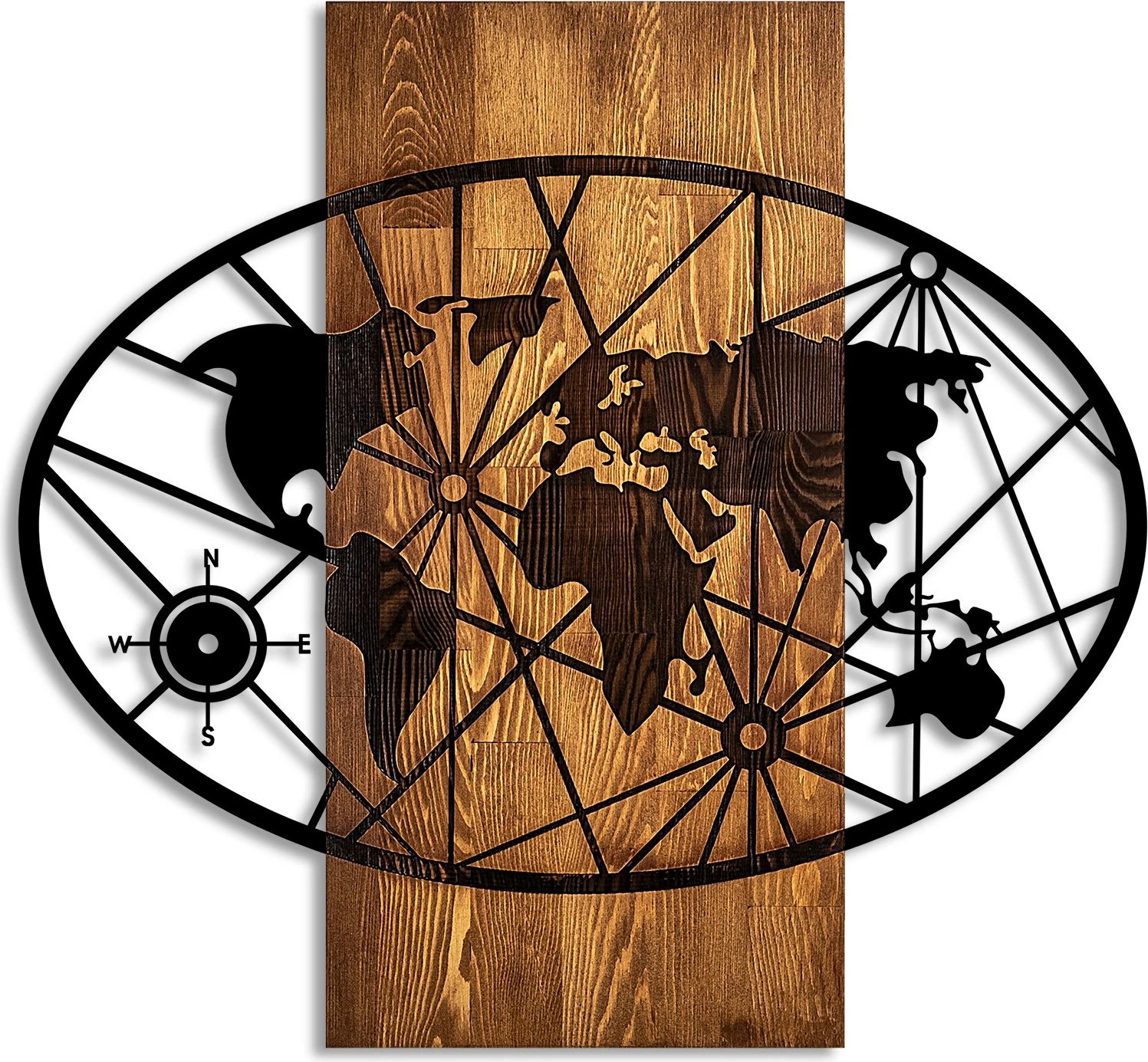 Aksesor dekorativ për mur, hartë bote, dru arre & e zezë, Wallity, 57x62cm