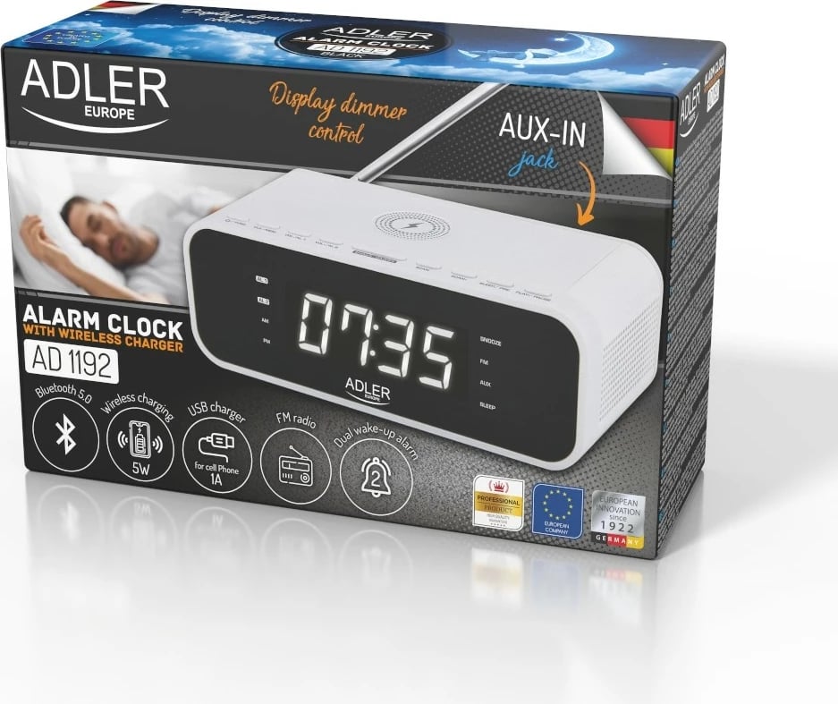 Radio‑alarm Adler AD1192W, FM PLL, Bluetooth 5.0, ngarkim pa tela 5W, 30 preset-e, e bardhë